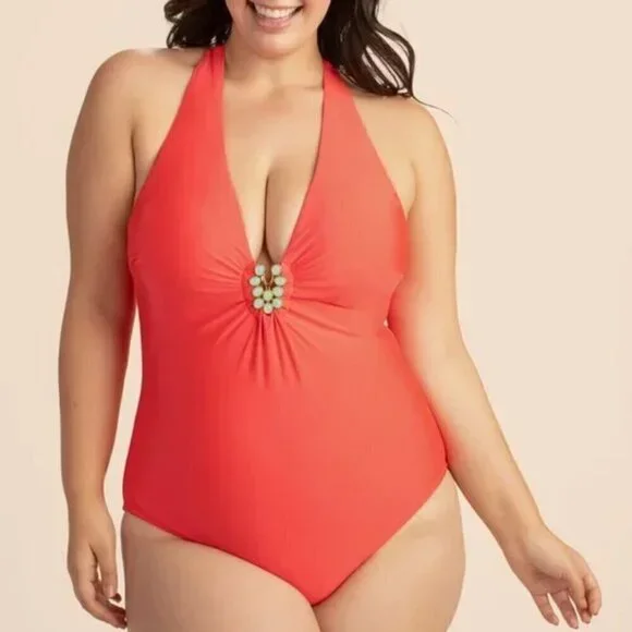 💕TRINA TURK💕 Bijou Solids V-Plunge Plus One Piece Swimsuit Poppy Coral 20W